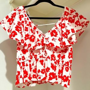 Zara Red and White Floral Blouse